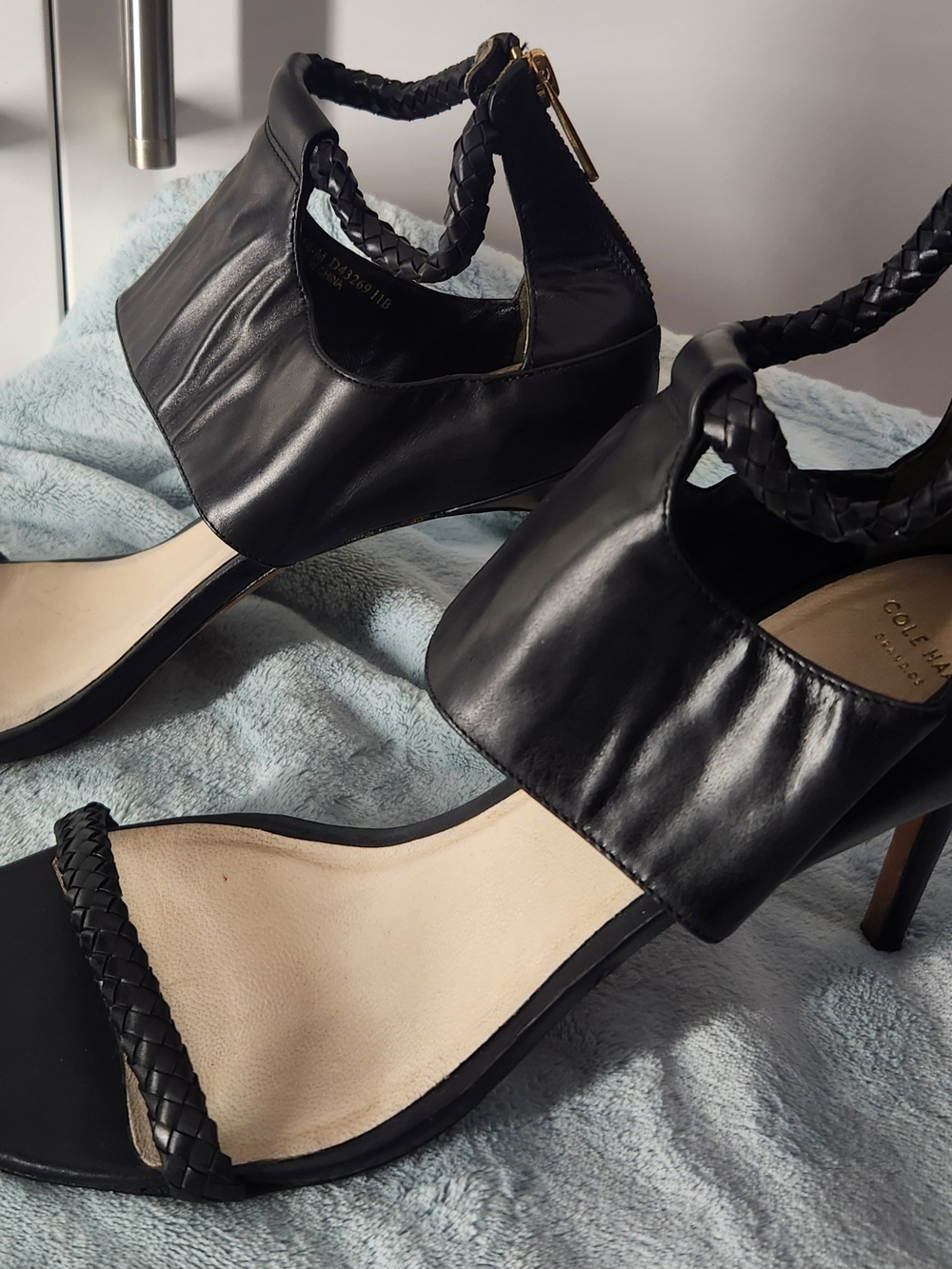 Cole Haan Black Leather Braided-Strap Heeled Sandals